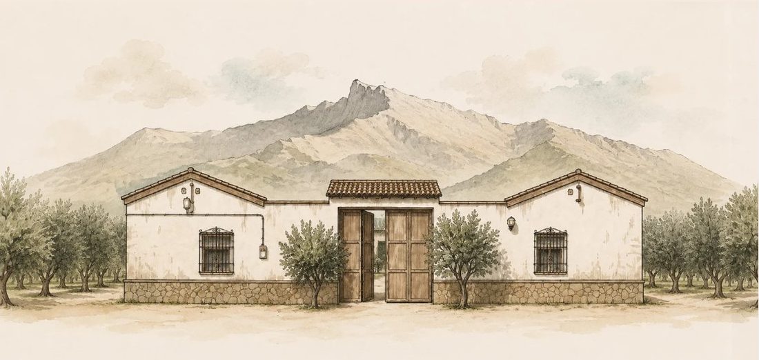 Ilustración del cortijo de Finca Cárdenas con Sierra Nevada al fondo